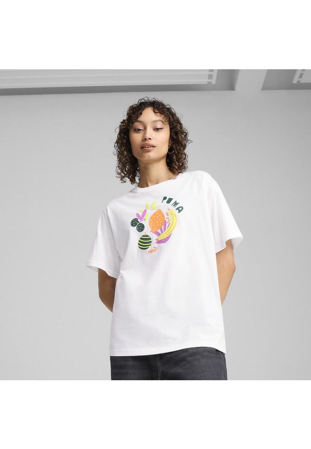 Puma - Damska koszulka GRAPHICS Relaxed Fruity PUMA White. Kolor: biały. Materiał: guma. Wzór: nadruk