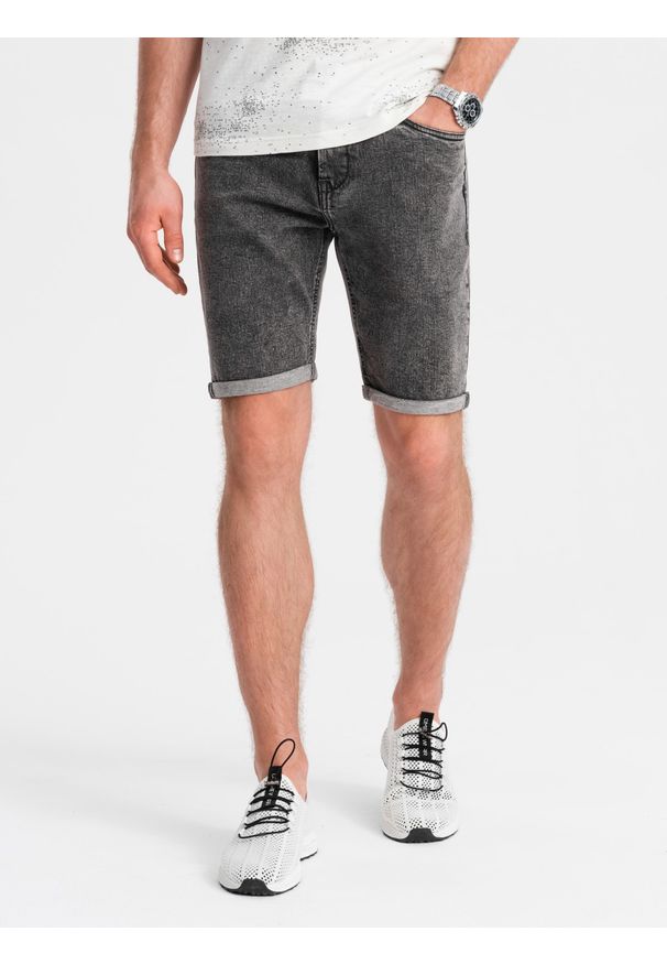 Ombre Clothing - Męskie jeansowe szorty z podwiniętymi nogawkami – szare V3 - Rozmiar: XXL. Okazja: na co dzień. Kolor: szary. Materiał: jeans. Długość: krótkie. Wzór: aplikacja, ze splotem. Sezon: lato. Styl: casual, elegancki