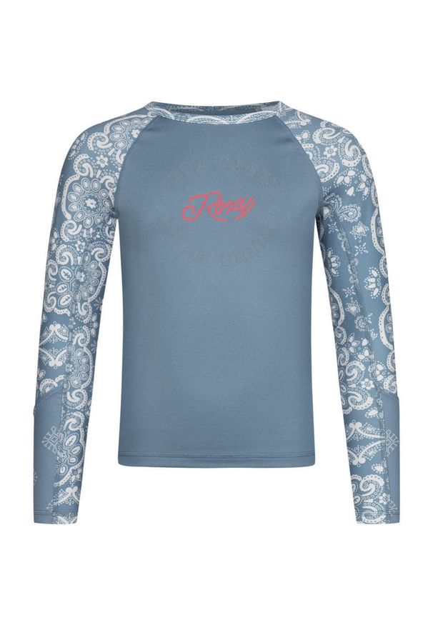 T-shirt dziecięcy Roxy Jr Aloha z ochroną UV. Kolor: niebieski. Materiał: elastan, poliester. Długość rękawa: raglanowy rękaw. Sport: żeglarstwo