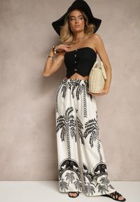 Renee - Białe Spodnie z Wiskozy o Szerokim Kroju High Waist z Palmami Varritia. Okazja: na co dzień. Stan: podwyższony. Kolor: biały. Materiał: wiskoza. Sezon: lato. Styl: elegancki, casual #3
