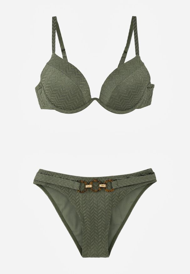 Born2be - Zielone Bikini Dwuczęściowe w Geometryczny Wzór z Ozdobą na Majtkach Corraenia. Kolekcja: plus size. Kolor: zielony. Długość: długie. Wzór: geometria, aplikacja