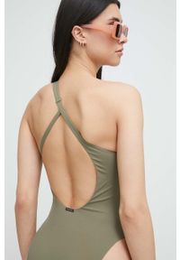 Calvin Klein jednoczęściowy strój kąpielowy kolor zielony miękka miseczka. Kolor: zielony. Materiał: włókno, dzianina, materiał. Wzór: gładki #3