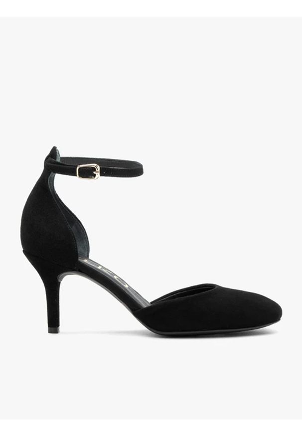 Ryłko - Czarne czółenka zapinane na pasek ze skóry welurowej. Nosek buta: okrągły. Zapięcie: pasek. Kolor: czarny. Materiał: welur, skóra. Sezon: lato. Obcas: na obcasie. Styl: elegancki. Wysokość obcasa: średni