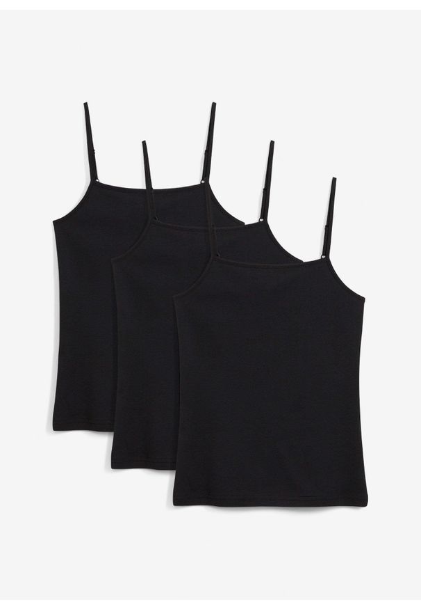 bonprix - Top na cienkich ramiączkach, z bawełną organiczną (3 sztuki). Kolor: czarny. Materiał: bawełna. Długość rękawa: na ramiączkach