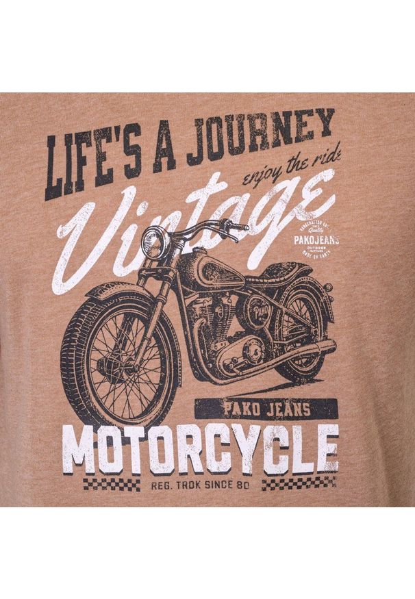 T-Shirt (Koszulka) Męska - Pako Jeans - Melanżowa Kawa z Mlekiem, Motocykl. Okazja: na co dzień. Kolor: brązowy, beżowy, wielokolorowy. Materiał: bawełna, wiskoza. Wzór: nadruk. Styl: casual
