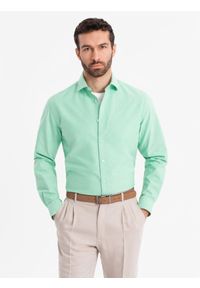Ombre Clothing - Bawełniana pastelowa koszula męska typu oxford – miętowa V4 OM-SHOS-0183 - XXL. Kolor: miętowy. Materiał: bawełna. Wzór: ze splotem, aplikacja. Styl: klasyczny, elegancki