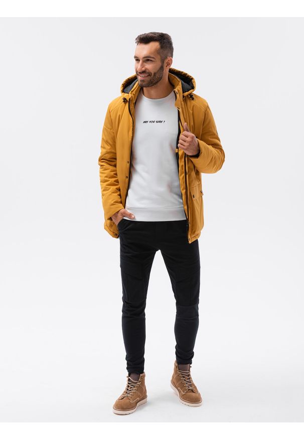 Ombre Clothing - Kurtka męska ocieplana C449 - musztardowa - XXL. Kolor: żółty. Materiał: materiał, poliester. Sezon: zima, jesień