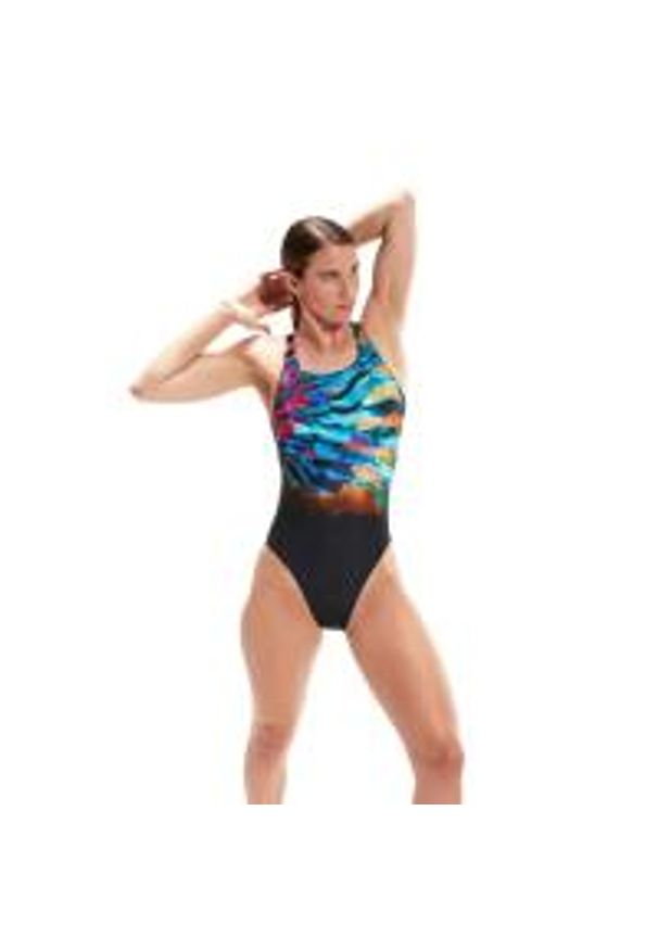 Strój Kąpielowy Speedo Digital Leaderback – Czarno-Niebiesko-Różowy - Rozmiar 28. Kolor: niebieski. Wzór: aplikacja