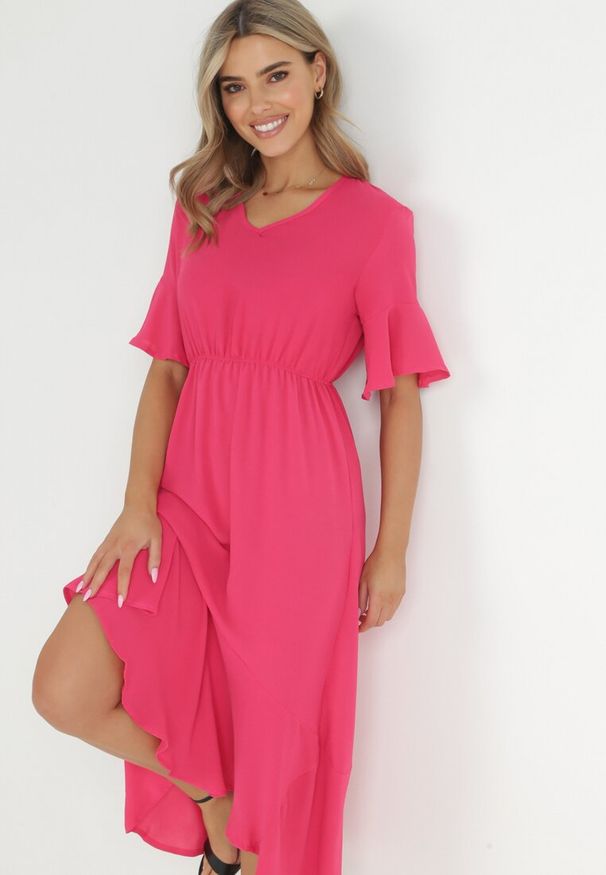 Born2be - Fuksjowa Sukienka Stamorus. Typ kołnierza: kołnierz z falbankami. Kolor: różowy. Długość rękawa: krótki rękaw. Wzór: aplikacja. Styl: klasyczny. Długość: midi