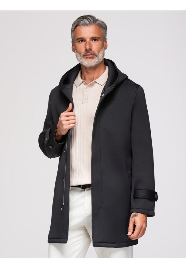 Ombre Clothing - Męski minimalistyczny płaszcz średniej długości z dzianiny scuba - czarny V4 - Rozmiar: M. Okazja: na co dzień. Typ kołnierza: kaptur. Kolor: czarny. Materiał: dzianina. Wzór: gładki. Styl: elegancki, casual
