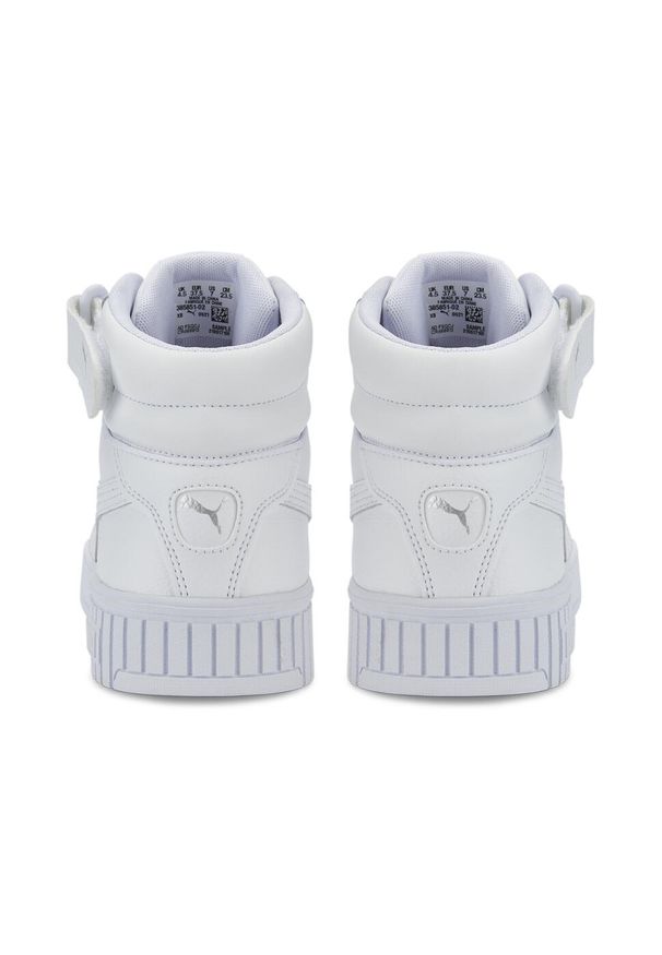 Puma - Damskie sneakersy Carina 2.0 Mid PUMA White Silver Gray. Okazja: na plażę. Kolor: szary, biały, wielokolorowy. Materiał: guma, syntetyk, materiał. Sezon: lato. Sport: turystyka piesza