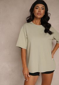 Renee - Ciemnobeżowy Basicowy T-shirt z Bawełny Meranissea. Kolor: beżowy. Materiał: bawełna #3