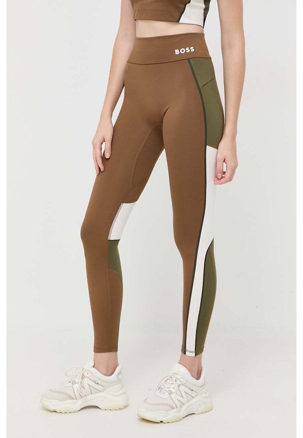 BOSS legginsy x Alica Schmidt damskie kolor brązowy z nadrukiem. Kolor: brązowy. Materiał: materiał, dzianina. Wzór: nadruk. Sport: fitness