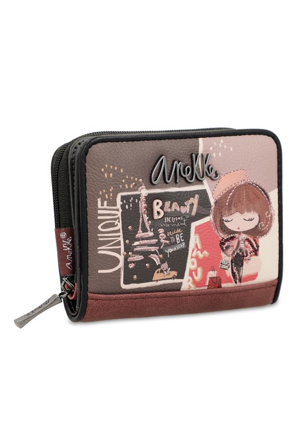 Portfel damski Anekke, mały we wzory z miejscem na zdjęcia na karty i na bilon, brązowy, 41809-903. Kolor: brązowy. Wzór: aplikacja, haft