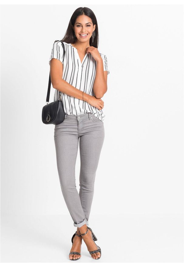 bonprix - Bluzka z krótkim rękawem z czystej wiskozy. Typ kołnierza: dekolt w serek. Kolor: biały. Materiał: wiskoza. Długość rękawa: krótki rękaw. Długość: krótkie. Wzór: nadruk. Styl: elegancki