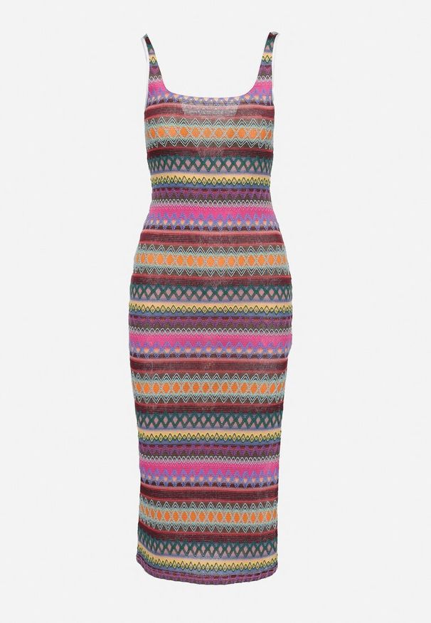 Born2be - Fioletowo-Beżowa Dopasowana Sukienka Midi na Ramiączkach z Elastycznej Dzianiny Dempnia. Kolor: fioletowy. Materiał: dzianina. Długość rękawa: na ramiączkach. Długość: midi