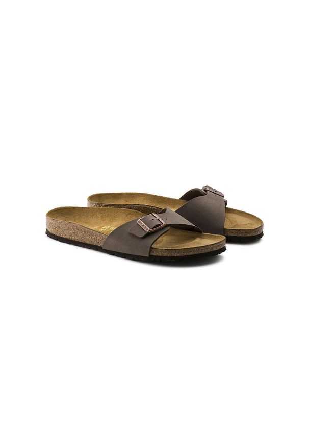 Brązowe Kapcie Birkenstock Madrid Damskie. Okazja: na co dzień. Kolor: brązowy. Materiał: guma, syntetyk, materiał. Styl: casual