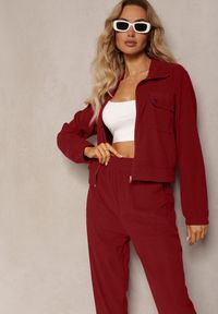 Renee - Bordowy Komplet Dresowy w Prążki Bluza Kurtka Rozpinana z Kołnierzykiem i Spodnie Lisulla. Kolor: czerwony. Materiał: dresówka. Wzór: prążki. Sport: turystyka piesza #3