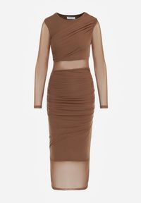 Renee - Brązowa Siateczkowa Sukienka Maxi o Dopasowanym Kroju Kremse. Kolor: brązowy. Materiał: wiskoza. Typ sukienki: sportowe. Styl: klasyczny, sportowy. Długość: maxi #5