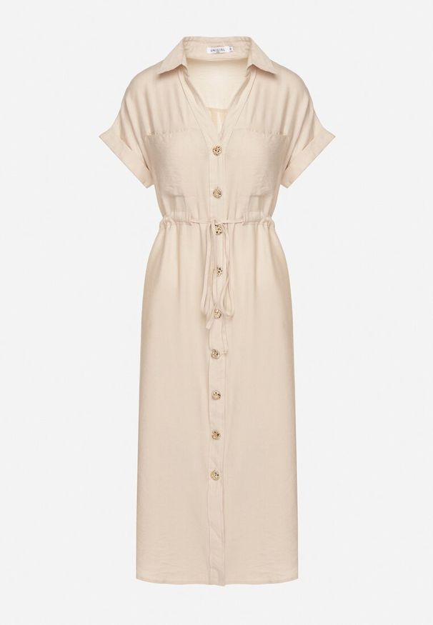 Born2be - Beżowa Sukienka Koszulowa z Wiskozy Wiązana w Pasie Florazi. Okazja: na co dzień. Typ kołnierza: dekolt w serek. Kolor: beżowy. Materiał: wiskoza. Długość rękawa: krótki rękaw. Typ sukienki: koszulowe. Styl: elegancki, casual. Długość: midi