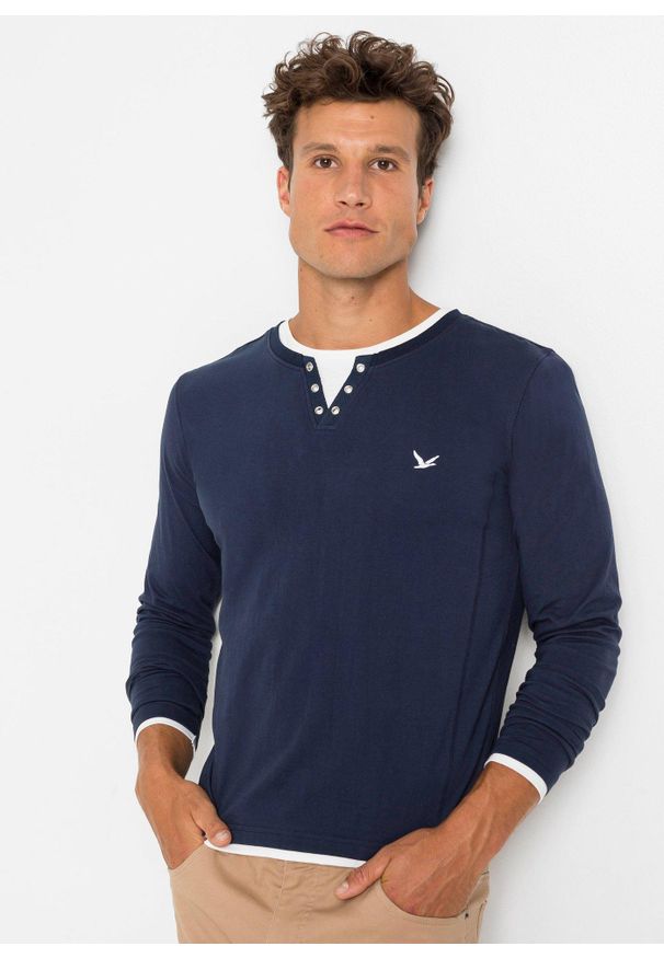 bonprix - Bluzka z długim rękawem 2 w 1 (2 szt.). Kolor: niebieski. Długość rękawa: długi rękaw. Długość: długie. Wzór: haft