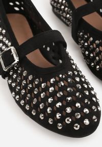 Born2be - Czarne Ażurowe Balerinki z Paskiem z Klamerką i Cyrkoniami Feanoene. Okazja: na spotkanie biznesowe, do pracy. Zapięcie: pasek. Kolor: czarny. Materiał: jeans, koronka. Wzór: ażurowy. Styl: biznesowy, elegancki, klasyczny #7