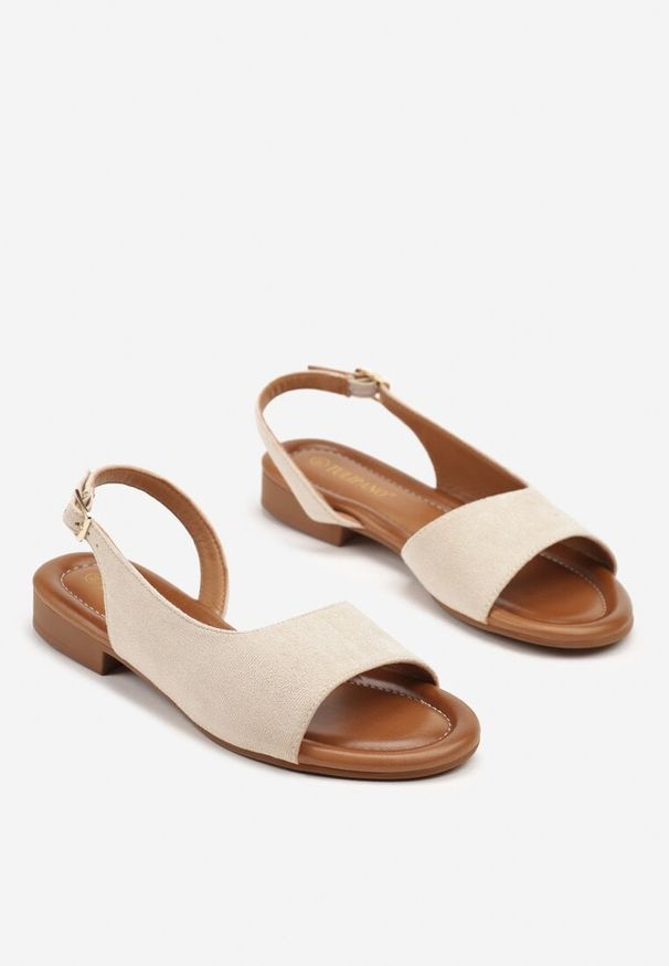 Born2be - Beżowe Sandały z Asymetryczną Cholewką i Płaską Podeszwą Sorielle. Okazja: na co dzień. Kolor: beżowy. Materiał: len, jeans. Obcas: na płaskiej podeszwie. Styl: klasyczny, elegancki, casual