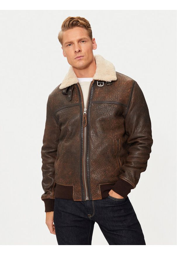 Schott NYC Kurtka skórzana LCBOMBARDIER Brązowy Regular Fit. Kolor: brązowy. Materiał: skóra