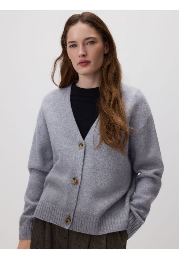 Reserved - Wełniany kardigan - jasnoszary. Kolor: szary. Materiał: wełna