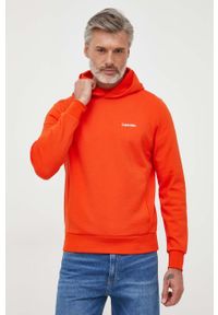Calvin Klein bluza męska kolor pomarańczowy z kapturem gładka. Typ kołnierza: kaptur. Kolor: pomarańczowy. Długość rękawa: długi rękaw. Długość: długie. Wzór: gładki