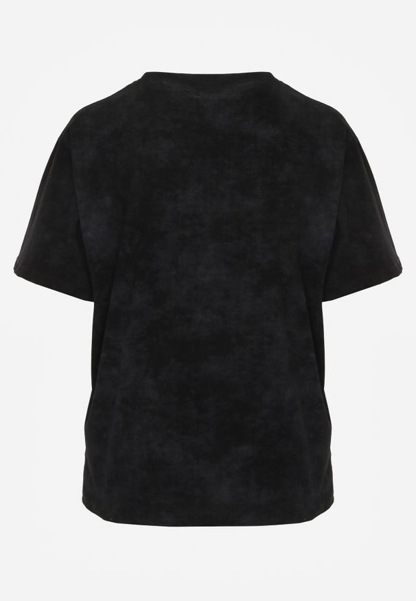 Renee - Czarny Bawełniany T-shirt Oversize z Haftowanym Napisem z Cekinami Talomora. Okazja: na imprezę, na co dzień. Kolor: czarny. Materiał: bawełna. Wzór: haft, napisy. Styl: rockowy, casual