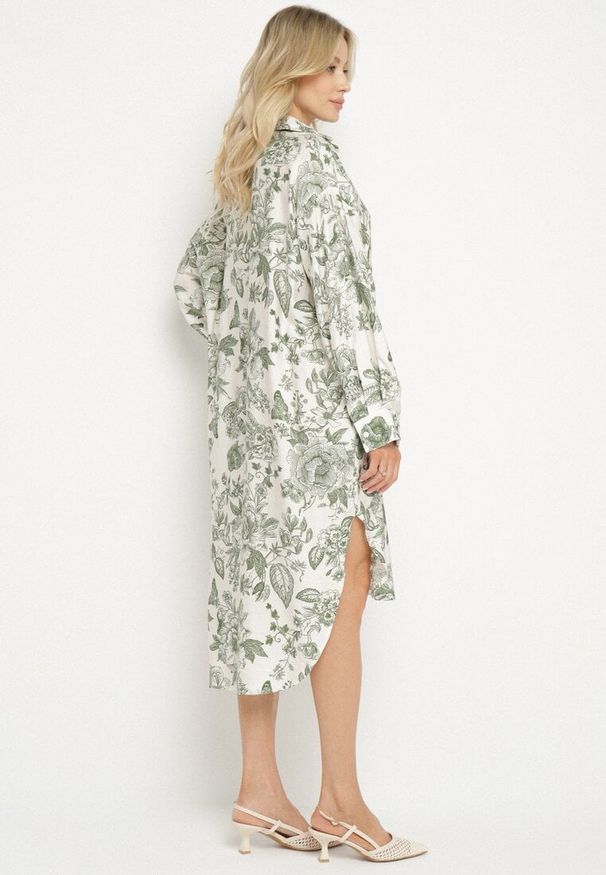 Born2be - Zielona Wiskozowa Sukienka Koszulowa w Kwiaty Varvesa. Okazja: na co dzień. Typ kołnierza: kołnierzyk klasyczny. Kolor: zielony. Materiał: wiskoza. Długość rękawa: długi rękaw. Wzór: kwiaty. Typ sukienki: koszulowe. Styl: casual, elegancki, klasyczny