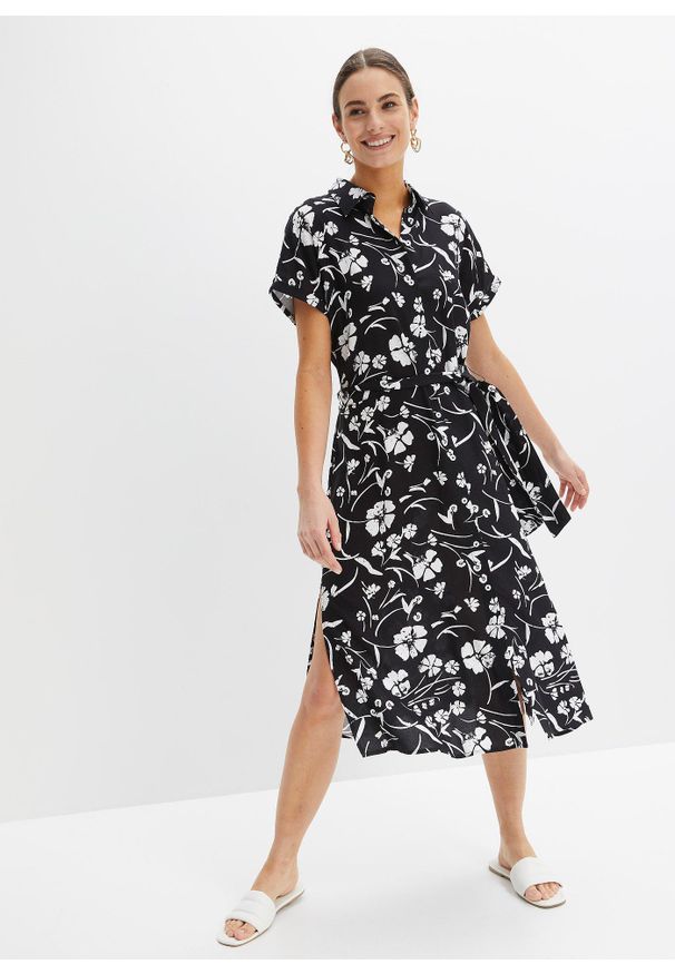 bonprix - Sukienka koszulowa z czystej wiskozy. Kolor: czarny. Materiał: wiskoza. Wzór: nadruk. Typ sukienki: koszulowe