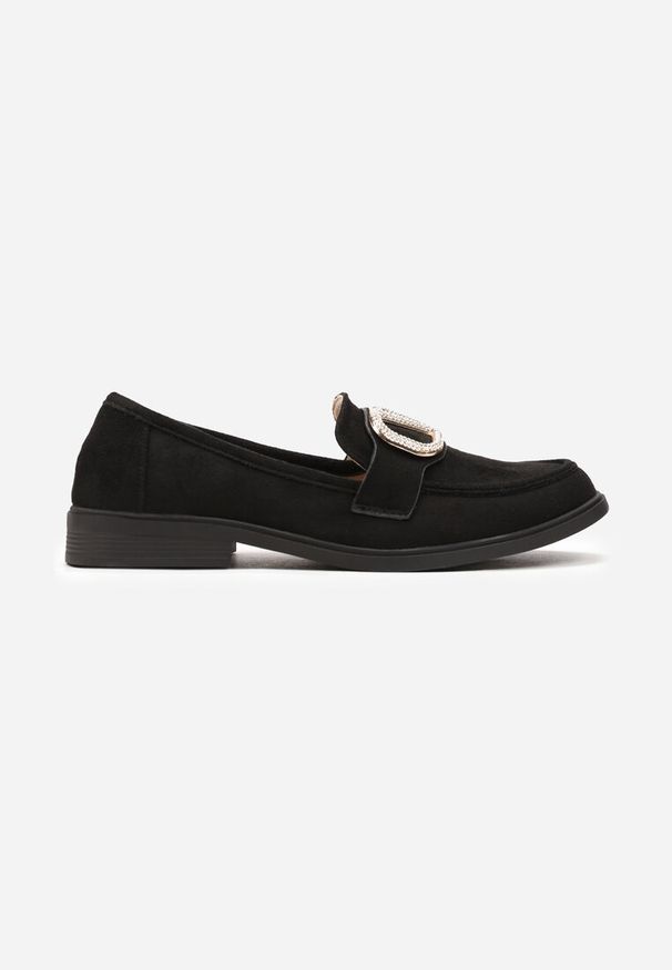 Renee - Czarne Mokasyny Ozdobione Klamerką i Cyrkoniami z Ekozamszu Ahira. Kolor: czarny. Wzór: aplikacja. Styl: vintage, boho, retro