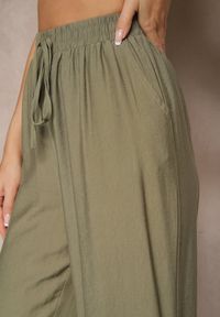 Renee - Zielone Spodnie o Szerokim Kroju High Waist z Wiązaniem Fenalin. Okazja: na co dzień, na imprezę, na spacer. Stan: podwyższony. Kolor: zielony. Styl: elegancki, casual #3