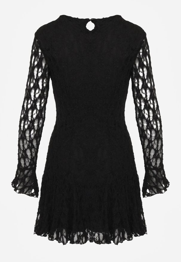 Born2be - Czarna Sukienka Koronkowa z Rozkloszowanymi Rękawami Cinatea. Okazja: na co dzień. Typ kołnierza: kokarda. Kolor: czarny. Materiał: koronka. Typ sukienki: proste. Styl: casual
