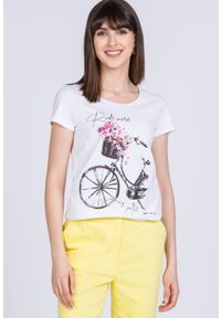 Monnari - T-shirt z motywem roweru. Okazja: na co dzień. Kolor: biały. Materiał: materiał, bawełna. Długość rękawa: krótki rękaw. Długość: krótkie. Sezon: lato. Styl: casual #1