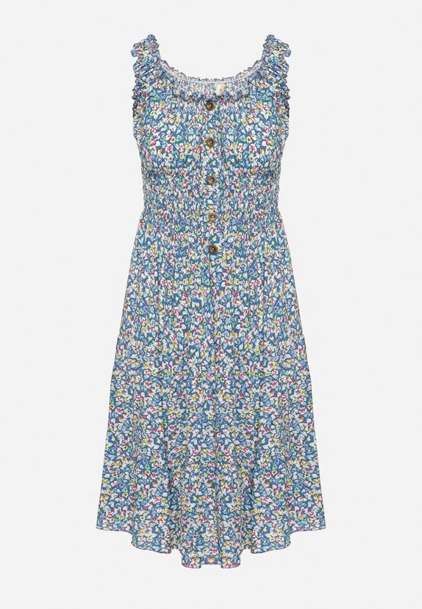 Born2be - Niebieska Rozkloszowana Sukienka z Bawełny Wykończona Gumką w Talii Nelaris. Okazja: na imprezę, na randkę. Typ kołnierza: dekolt hiszpanka. Kolor: niebieski. Materiał: bawełna. Długość rękawa: na ramiączkach. Styl: boho