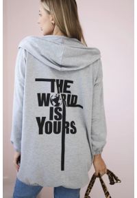 marka niezdefiniowana - Bluza z nadrukiem "The world is yours" szara. Kolor: szary. Materiał: elastan, materiał, bawełna. Wzór: nadruk