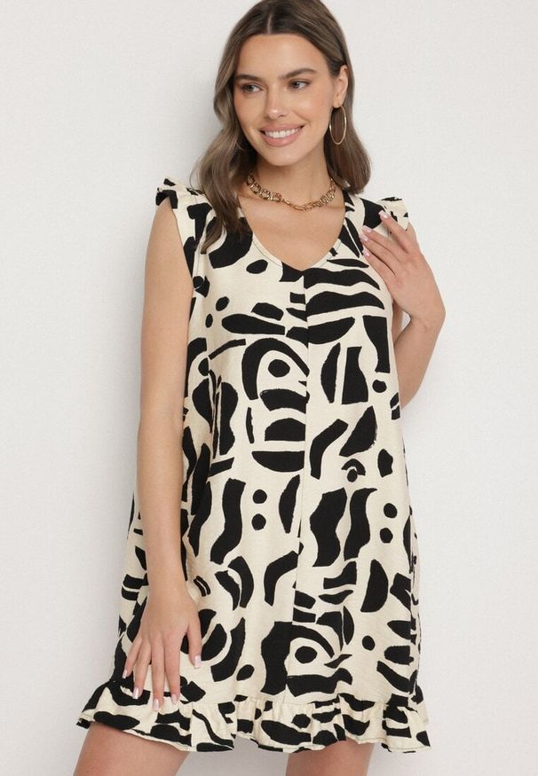 Born2be - Czarna Sukienka o Rozkloszowanym Kroju z Dekoltem w Serek w Abstrakcyjny Wzór Mevondra. Okazja: na co dzień. Typ kołnierza: dekolt w serek. Kolor: czarny. Materiał: skóra, jeans. Długość rękawa: bez rękawów. Styl: casual, elegancki