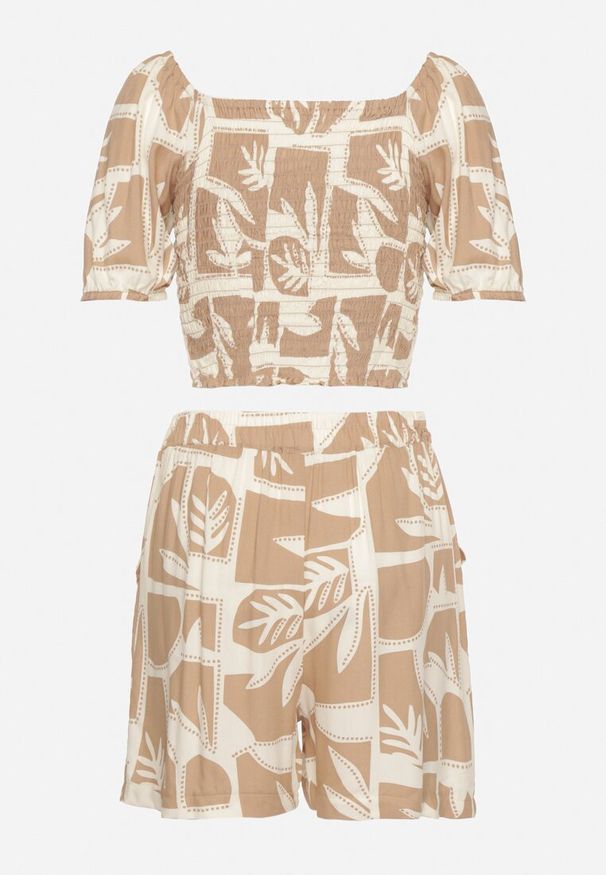 Born2be - Beżowy Komplet z Wiskozy z Motywem Roślinnym Szorty i Bluzka Felestia. Kolor: beżowy. Materiał: wiskoza