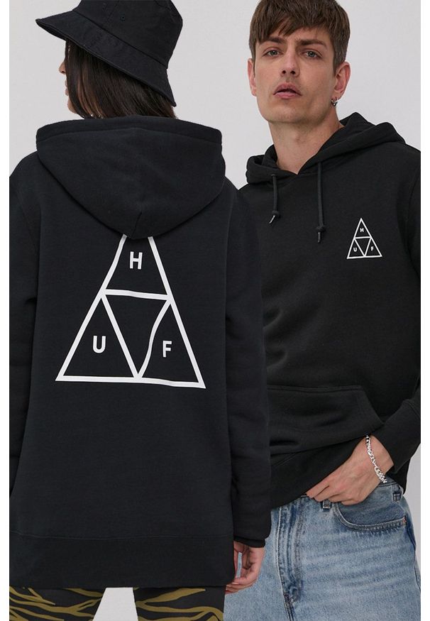HUF Bluza kolor czarny z kapturem z nadrukiem. Okazja: na co dzień. Typ kołnierza: kaptur. Kolor: czarny. Materiał: dzianina. Wzór: nadruk. Styl: casual
