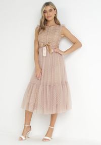 Born2be - Beżowa Koktajlowa Sukienka z Koronkową Górą i Tiulowym Dołem Sleda. Kolor: beżowy. Materiał: tiul, koronka. Styl: wizytowy #4