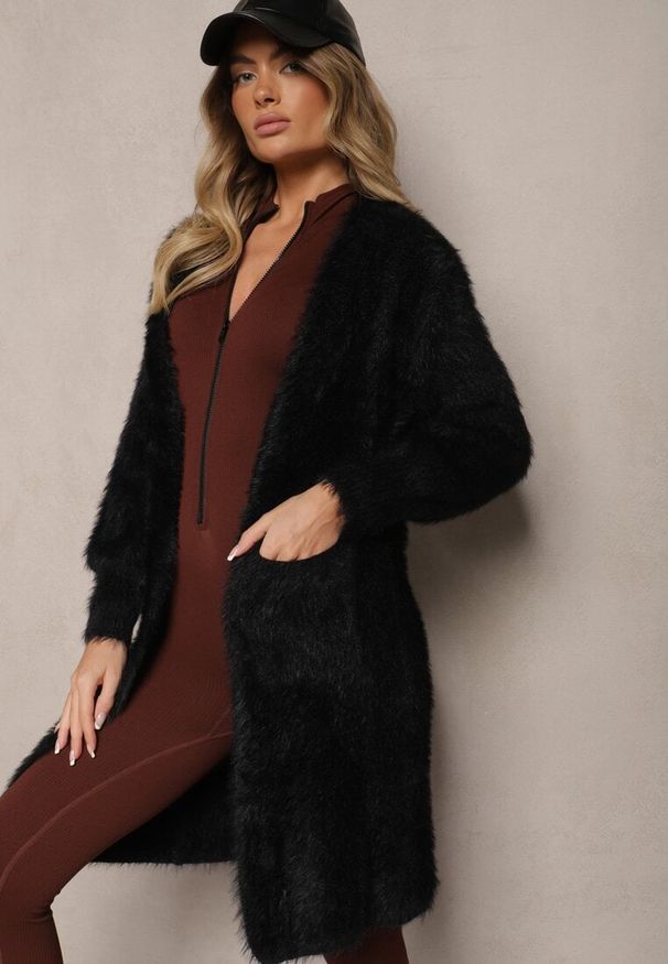 Renee - Czarny Kardigan Niezapinany z Wełną i Wsuwanymi Kieszeniami Rianessa. Kolor: czarny. Materiał: wełna