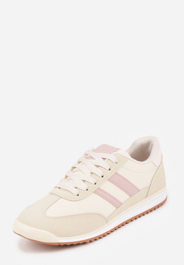 Renee - Beżowe Sneakersy Ozdobione Dwoma Paskami Lannatea. Okazja: na co dzień. Zapięcie: pasek. Kolor: beżowy. Wzór: aplikacja