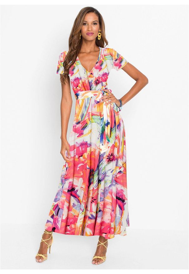 bonprix - Sukienka maxi. Kolor: różowy. Wzór: kolorowy, kwiaty. Sezon: lato. Długość: maxi