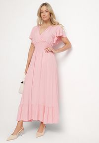 Born2be - Różowa Wiskozowa Kopertowa Sukienka o Rozkloszowanym Kroju Nellrive. Okazja: na co dzień. Typ kołnierza: dekolt w serek. Kolor: różowy. Materiał: wiskoza. Długość rękawa: krótki rękaw. Typ sukienki: kopertowe. Styl: casual, elegancki #1