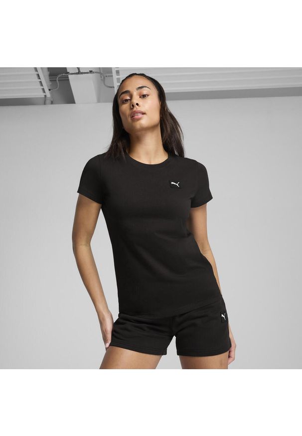 Puma - Damska koszulka ESS ELEVATED PUMA Black. Kolor: czarny. Wzór: haft, aplikacja. Sport: fitness