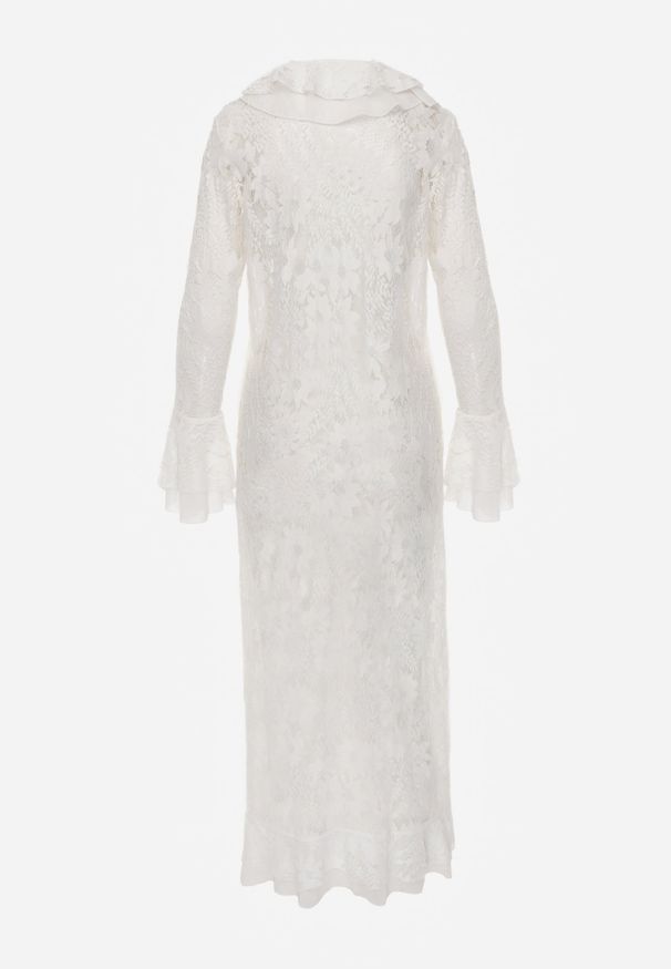 Renee - Biała Narzutka Sukienka Plażowa Boho z Koronki Ozdobiona Guzikami i Falbanami Palmeda. Okazja: na plażę. Kolor: biały. Materiał: koronka. Wzór: aplikacja, koronka. Sezon: lato. Typ sukienki: proste. Styl: boho