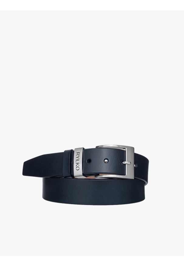 Ryłko - Granatowy pasek męski z logotypem na klamrze. Kolor: niebieski. Materiał: skóra. Styl: street
